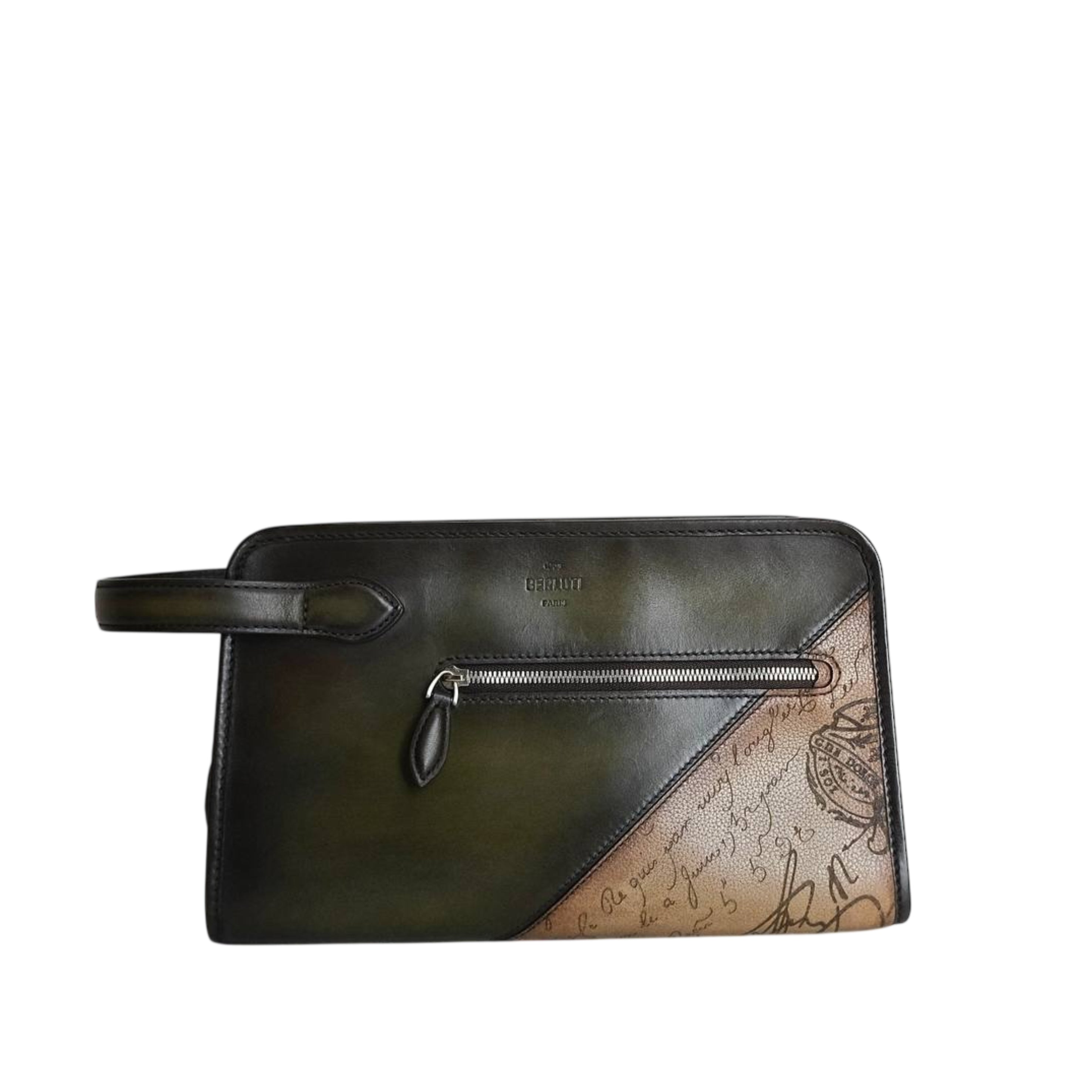 BERLUTI - Morning Pouch Scritto Leather in Green Nero Caviar/ Brown Savana