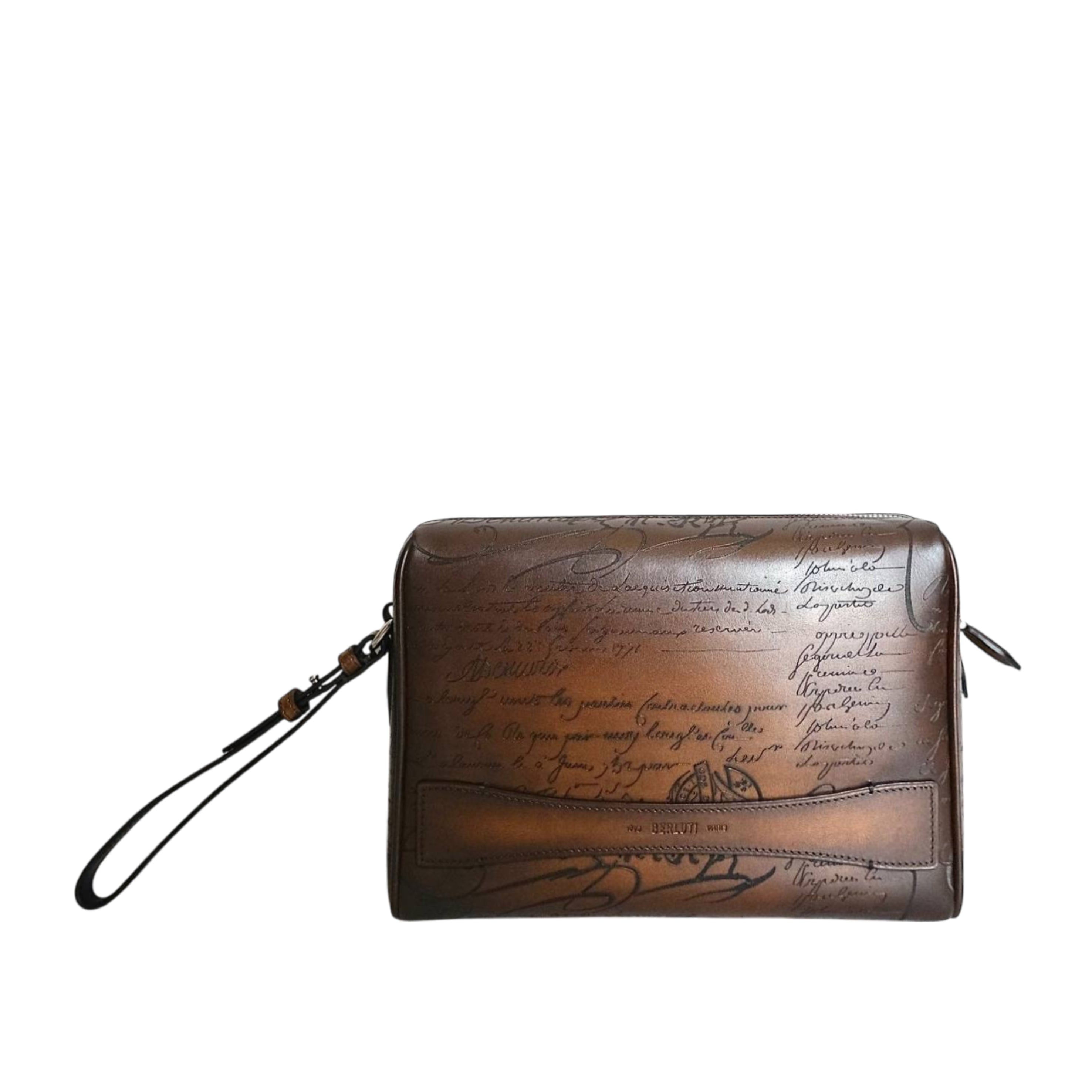 BERLUTI - Rosewood Pouch Scritto Leather Cacao Intenso