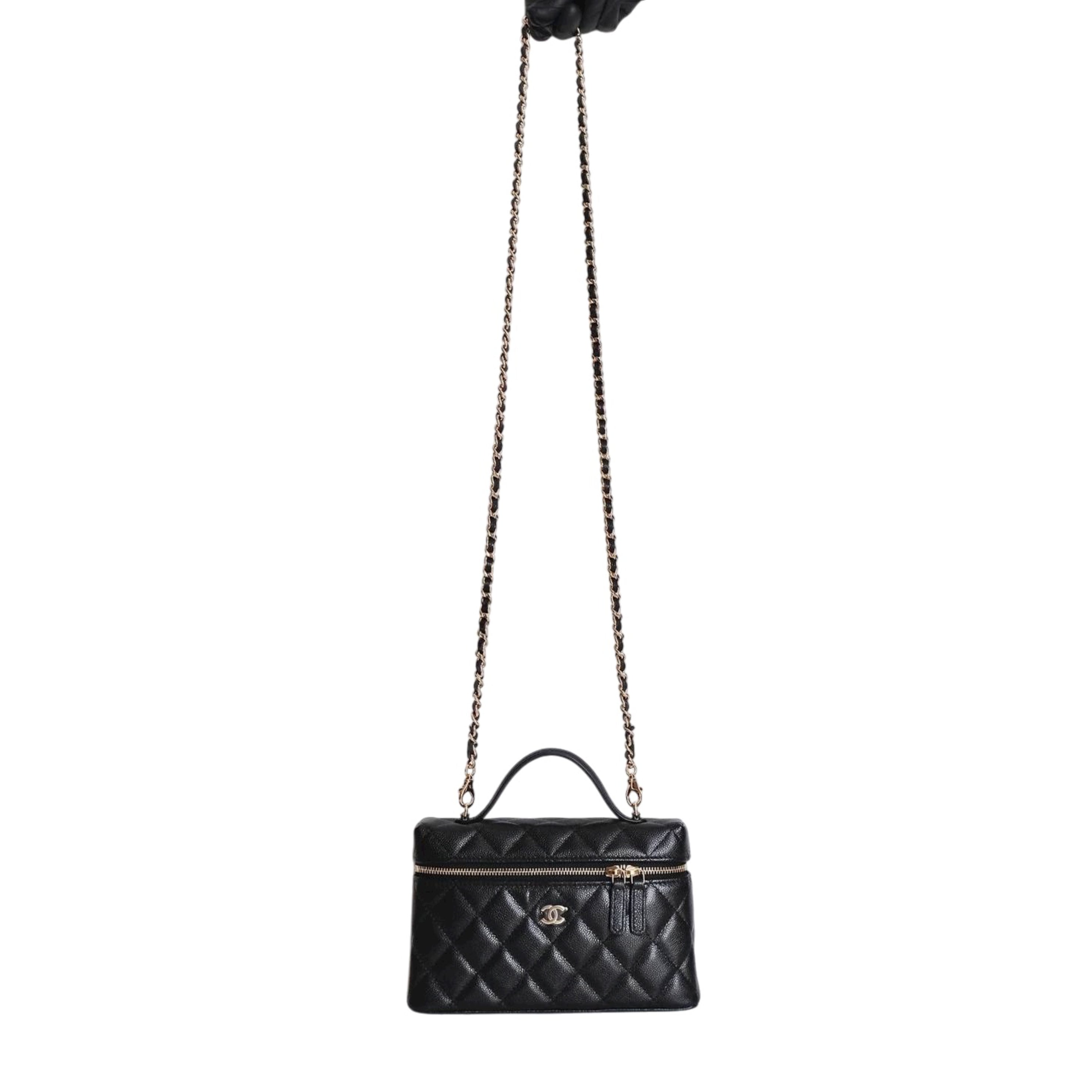 CHANEL - Vanity Bag Top Handle with Chain 25C Caviar Leather in Black (Gold Hardware)