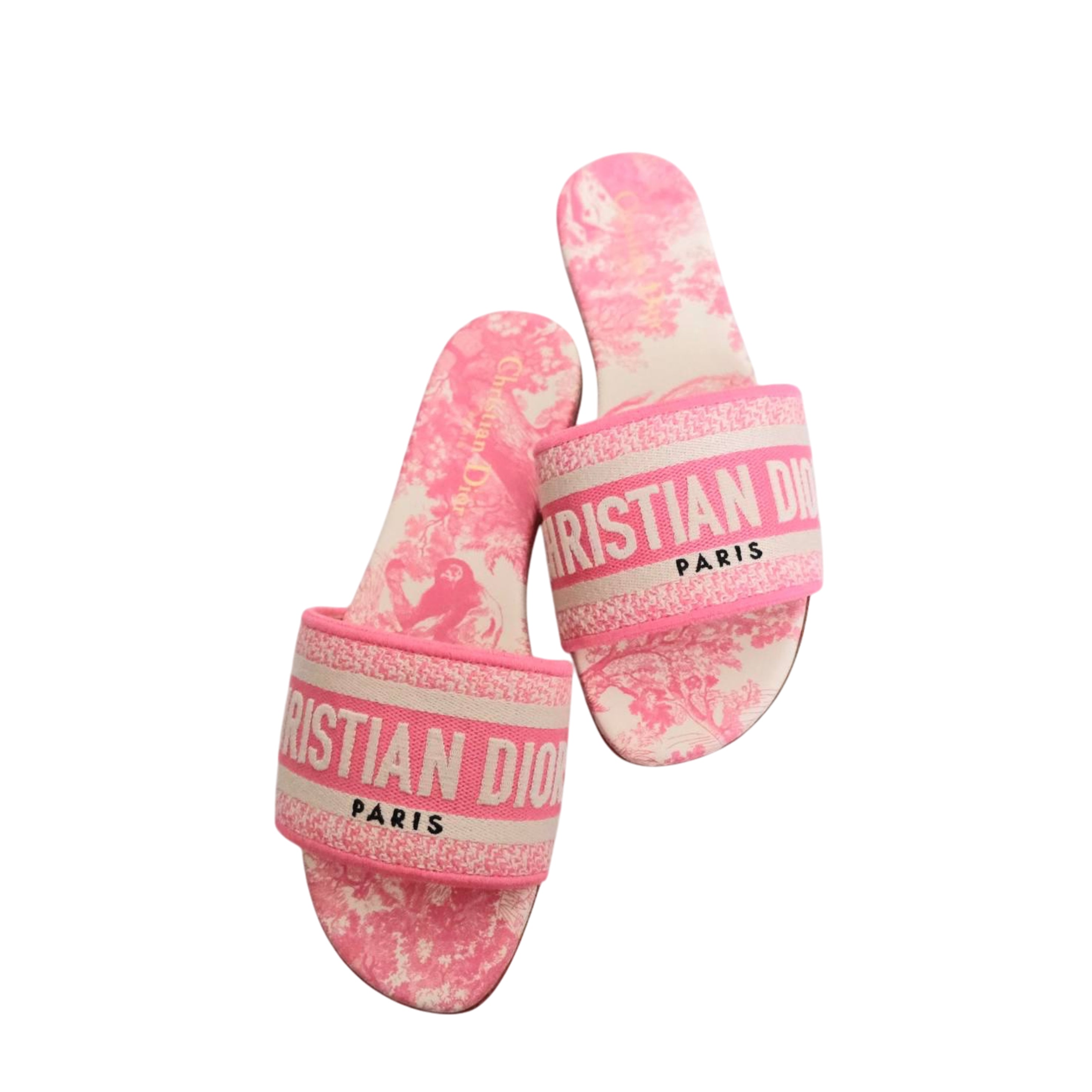DIOR - Dway Sandals Flat Embroidered Toile de Jouy in Pink/ White