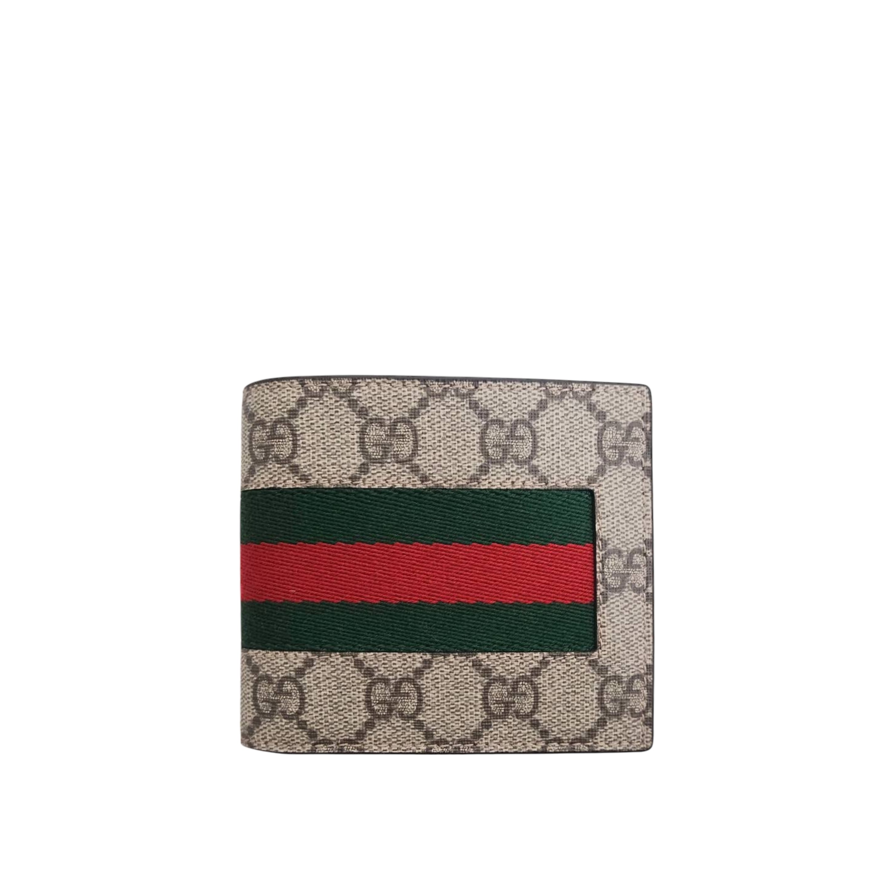 GUCCI - GG Supreme Canvas Compact Bifold Wallet Tricolor Web in Beige