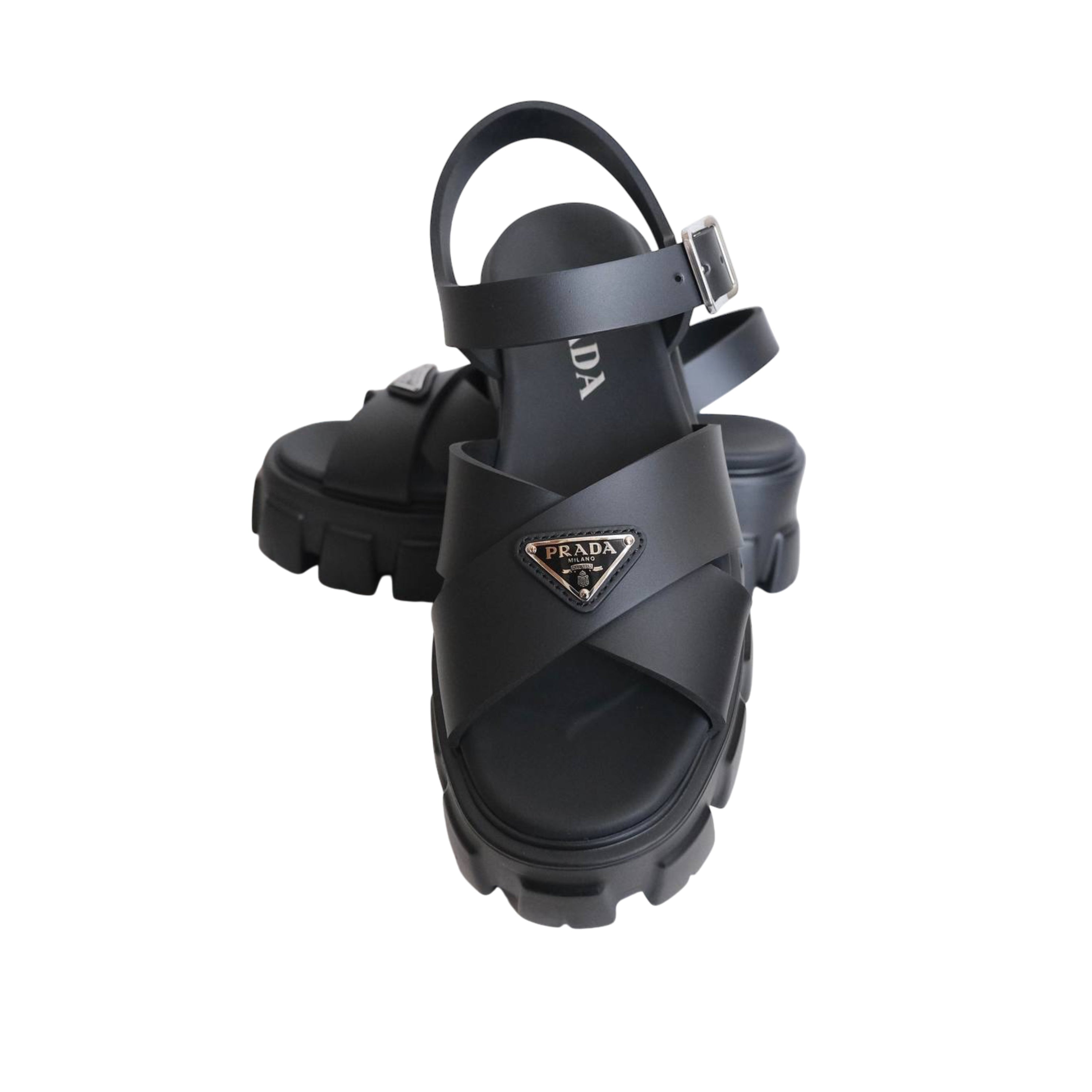 PRADA - Monolith Platform Crisscross Rubber Sandals in Black